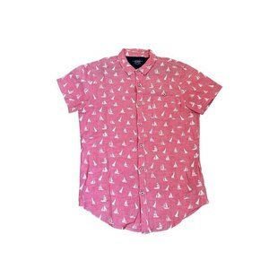 Mens Red Pull & Bear Button-Up Short-Sleeve Shirt With Sailboat Print Size S 100